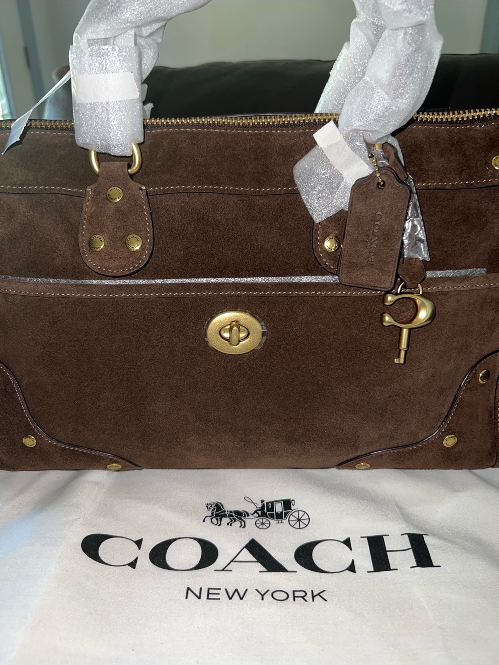 Coach Brown Rhyder 38 Suede Satchel with Gold Hardware - Picture 2 of 14